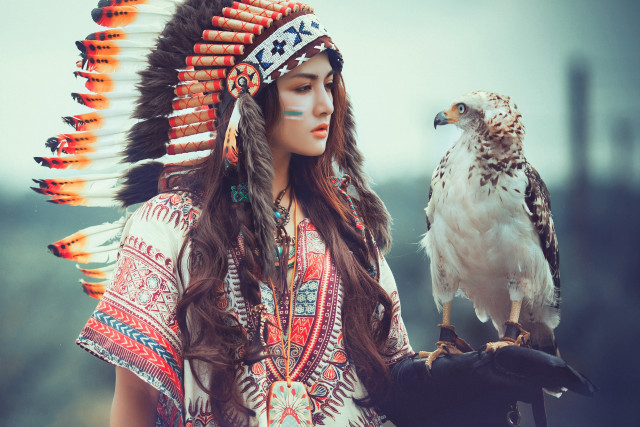 Woman native american headdress falcon free wallpaper - medium preview image