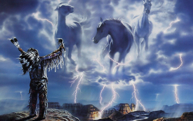 Man rock horses lightning sky #2 free wallpaper - medium preview image