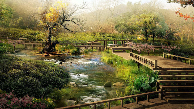 River bridge park trees flowers free wallpaper - medium preview image