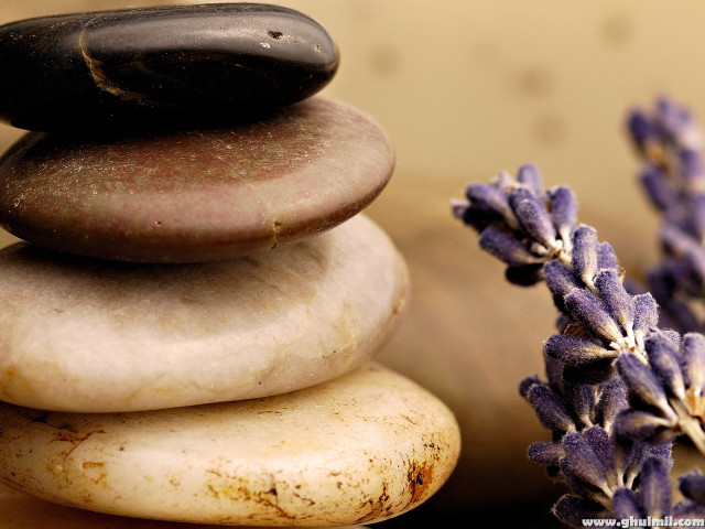 Stack rocks lavender flowers table free wallpaper - medium preview image