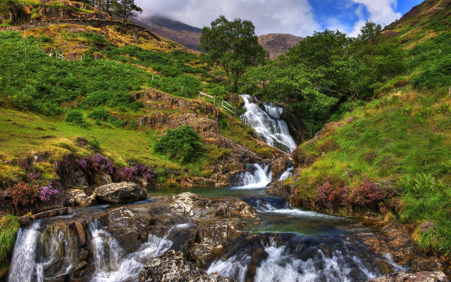 Waterfall valley grassy hillside blue free wallpaper - medium preview image