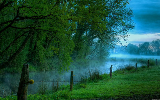 Foggy river fence trees dusk free wallpaper - medium preview image