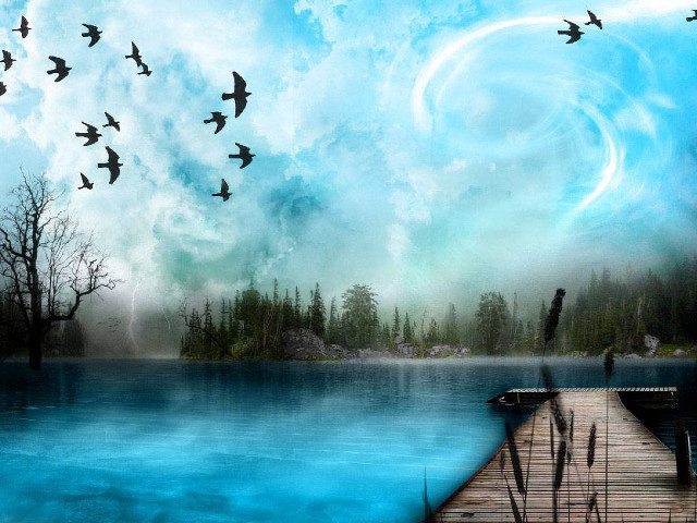 Dock birds flying lake painting free wallpaper - medium preview image