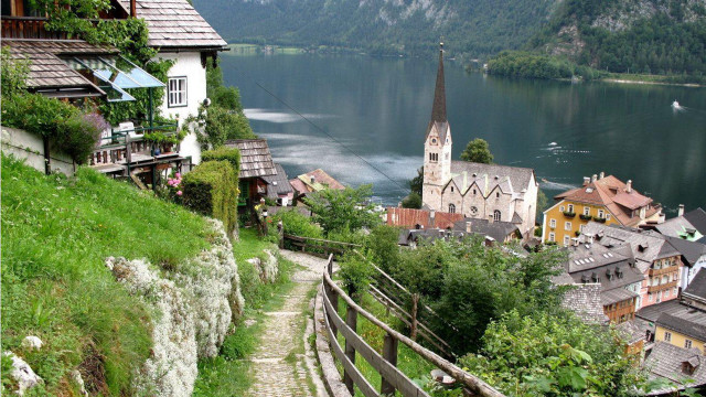 Scenic town church lake mountains free wallpaper - medium preview image