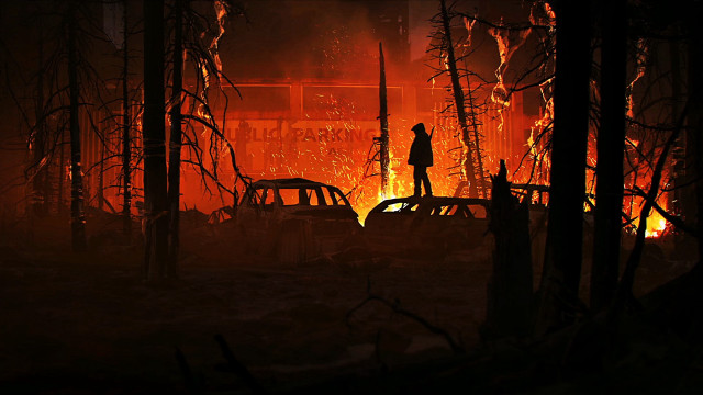 Person standing fire forest cars free wallpaper - medium preview image