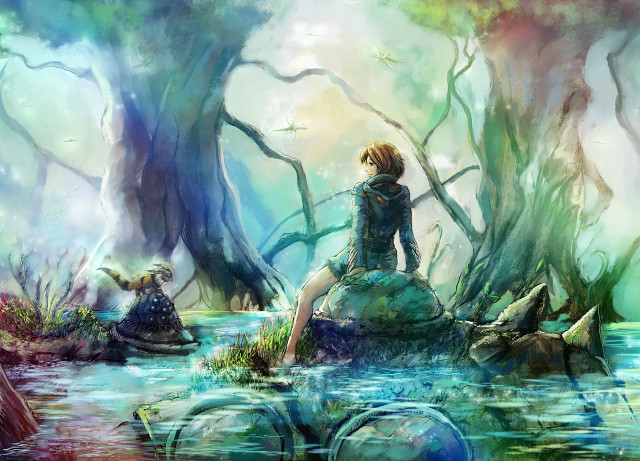 Woman rock river trees animals free wallpaper - medium preview image