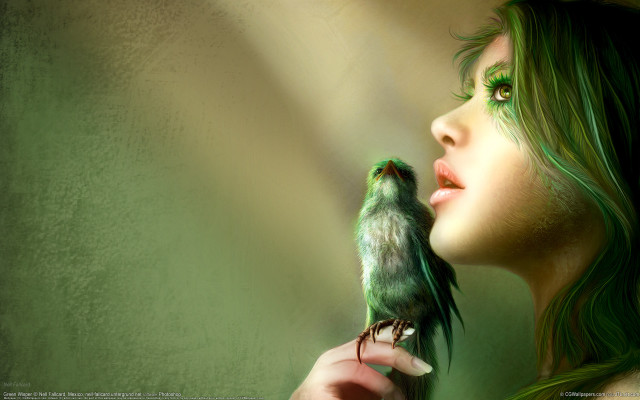 Woman holding green bird green free wallpaper - medium preview image