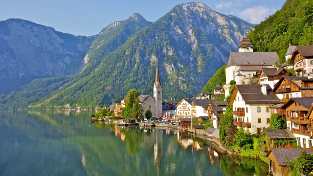Lake houses mountains church shore free wallpaper - medium preview image