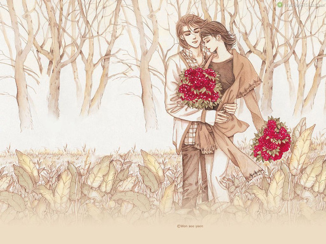 Couple hugging woods flowers bouquet #2 free wallpaper - medium preview image