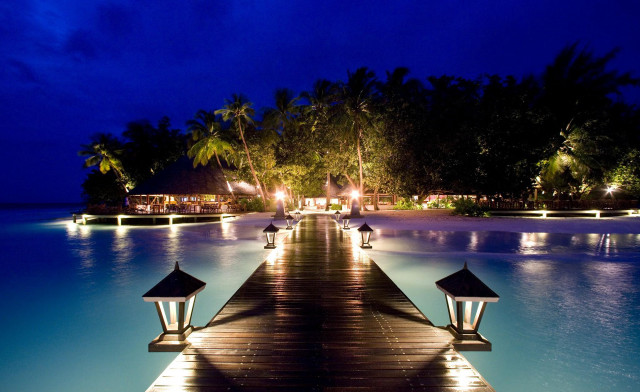 Dock resort night beach palmtrees free wallpaper - medium preview image