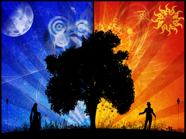 Tree person sun moon background free wallpaper - medium preview image