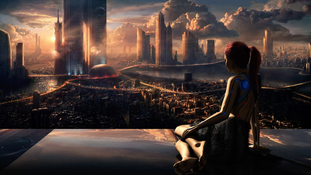 Woman sitting ledge city skyline free wallpaper - medium preview image