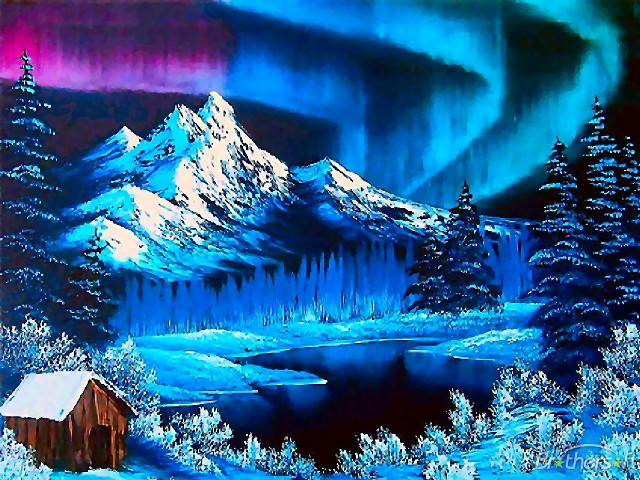 Cabin woods aurora borealis mountains free wallpaper - medium preview image