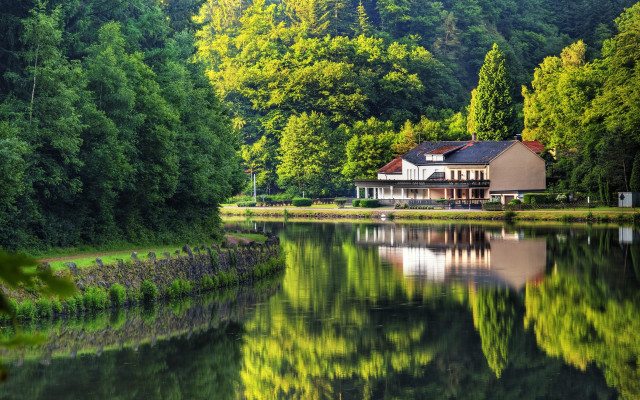 House lake woods forest trees free wallpaper - medium preview image