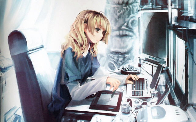 Woman laptop creepyface blonde longhair free wallpaper - medium preview image