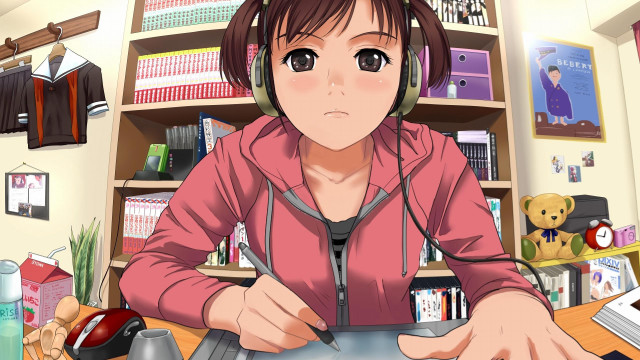 Woman sitting desk headphones laptop free wallpaper - medium preview image