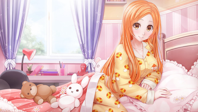 Girl red hair sitting bed free wallpaper - medium preview image