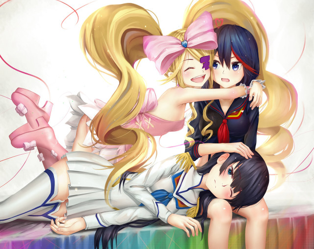 Anime girls hugging one laying free wallpaper - medium preview image