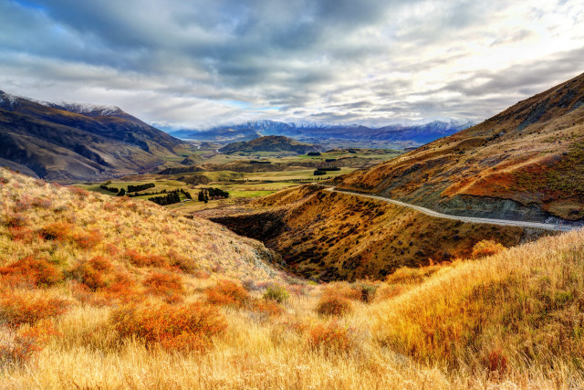Mountain road autumn leaves cloudy free wallpaper - medium preview image