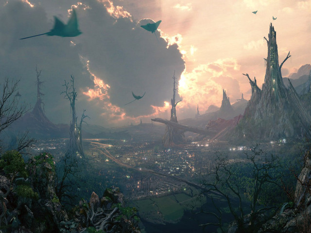 City sky trees bushes painting free wallpaper - medium preview image
