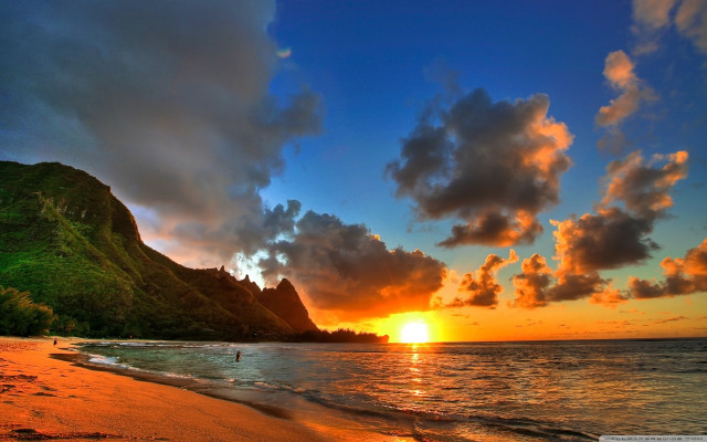 Sunset beach mountain water foreground free wallpaper - medium preview image