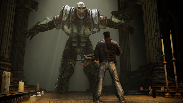 Man giant robot room columns free wallpaper - medium preview image