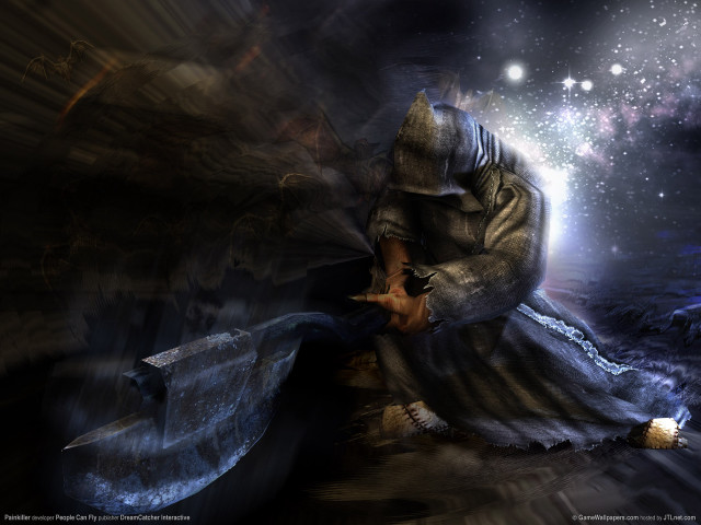 Man kneeling axe starry night free wallpaper - medium preview image