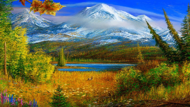 Mountain lake trees bird painting free wallpaper - medium preview image