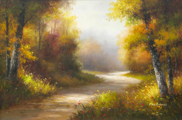 Forest path trees flowers foggy free wallpaper - medium preview image