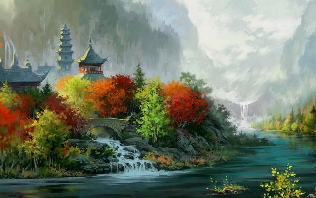 Waterfall castle trees foliage painting free wallpaper - medium preview image