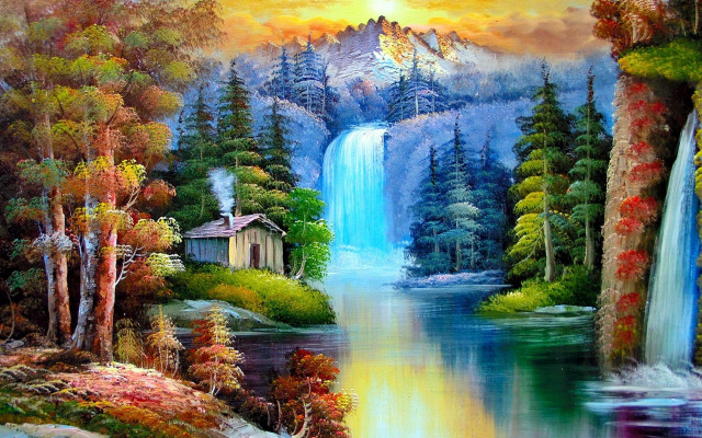 Waterfall cabin woods sunset background free wallpaper - medium preview image