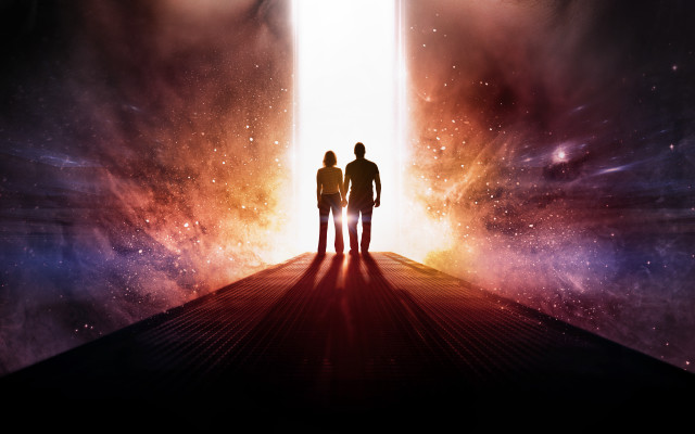 Two people doorway bright light free wallpaper - medium preview image