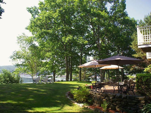 Patio tables umbrellas lake trees free wallpaper - medium preview image