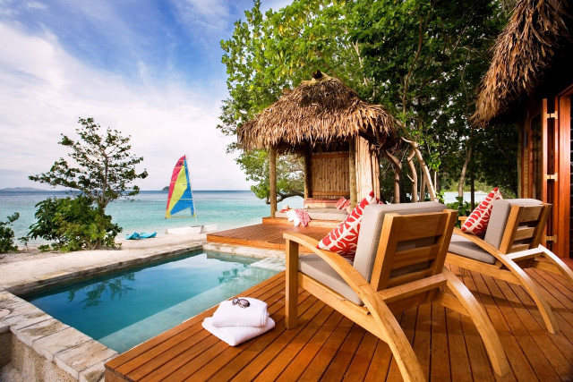 Wooden deck chairs table pool free wallpaper - medium preview image