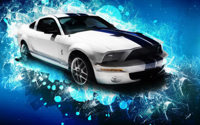 White mustang blue background swirls free wallpaper - medium preview image
