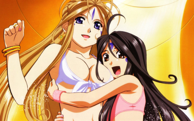 Anime girls hugging yellow background free wallpaper - medium preview image
