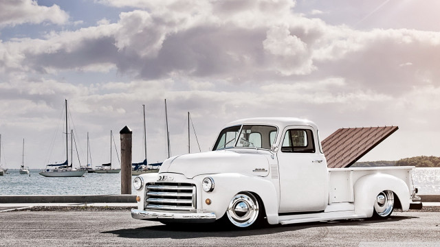 White truck water sailboats cloudy free wallpaper - medium preview image