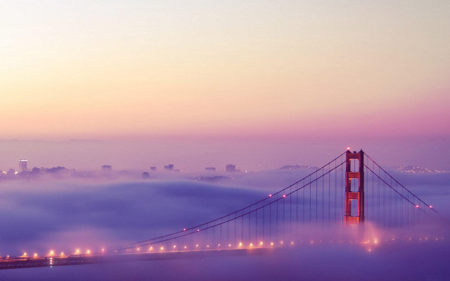 Foggy bridge city lights distant free wallpaper - medium preview image