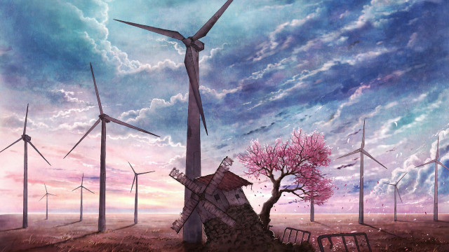 Windmill tree pink flower blue free wallpaper - medium preview image