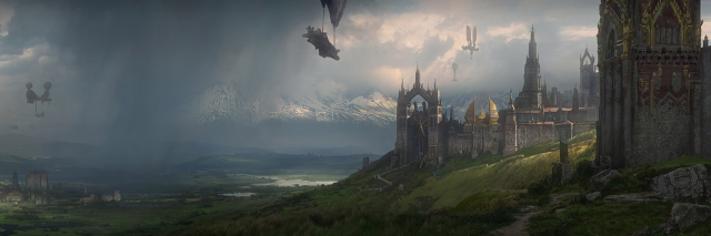 Castle dragon flying mountain clouds free wallpaper - medium preview image