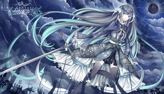 Woman long hair sword cloudy free wallpaper - medium preview image