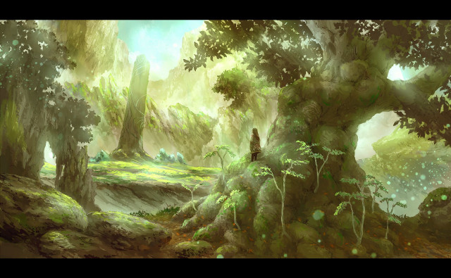 Forest trees rocks nature painting free wallpaper - medium preview image