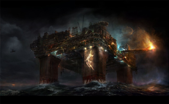 Oil rig ocean night plane free wallpaper - medium preview image