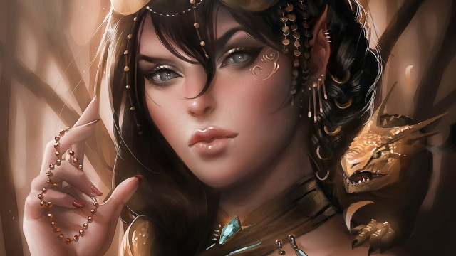 Woman dragon necklace bird shoulder free wallpaper - medium preview image