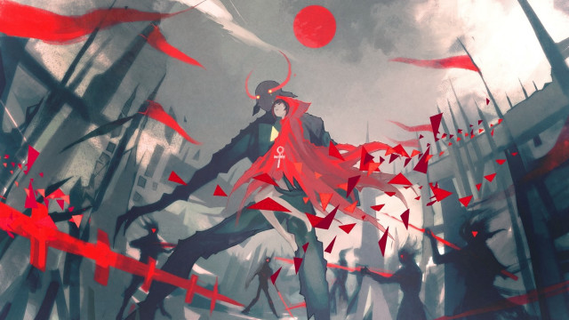 Red umbrella city street flags free wallpaper - medium preview image