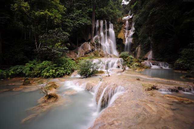 Waterfall forest river rock sunlight free wallpaper - medium preview image