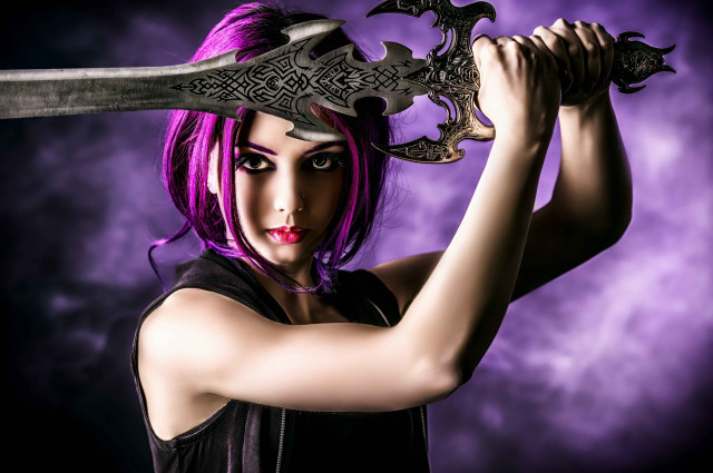 Woman purple hair sword black free wallpaper - medium preview image