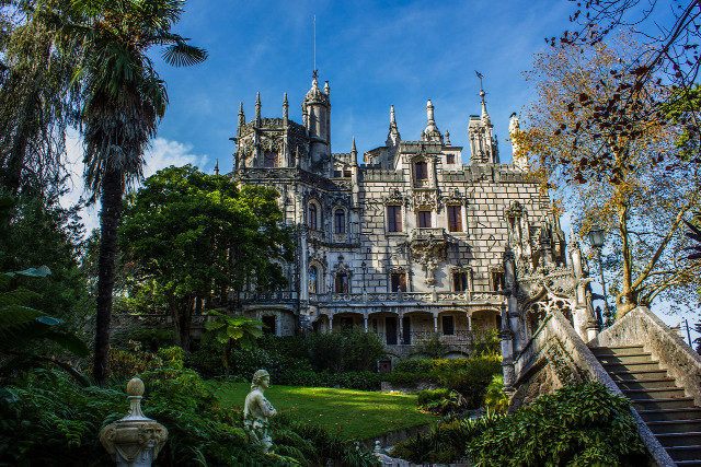Gothic castle staircase garden mattepainting free wallpaper - medium preview image