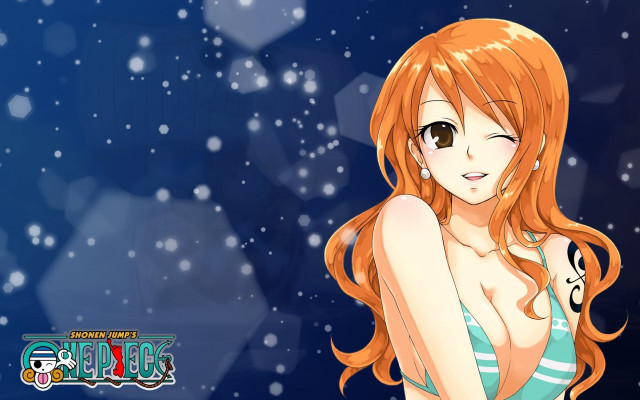 Anime girl redhair bluebikini snowflakes free wallpaper - medium preview image