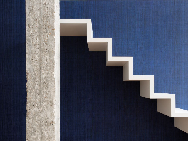 White staircase blue walls handrail free wallpaper - medium preview image